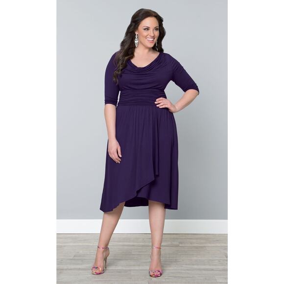 Kiyonna Dress Purple Draped In Class Cowl Neck Tulip Hem Empire Waist Size 10-12 - Picture 9 of 9